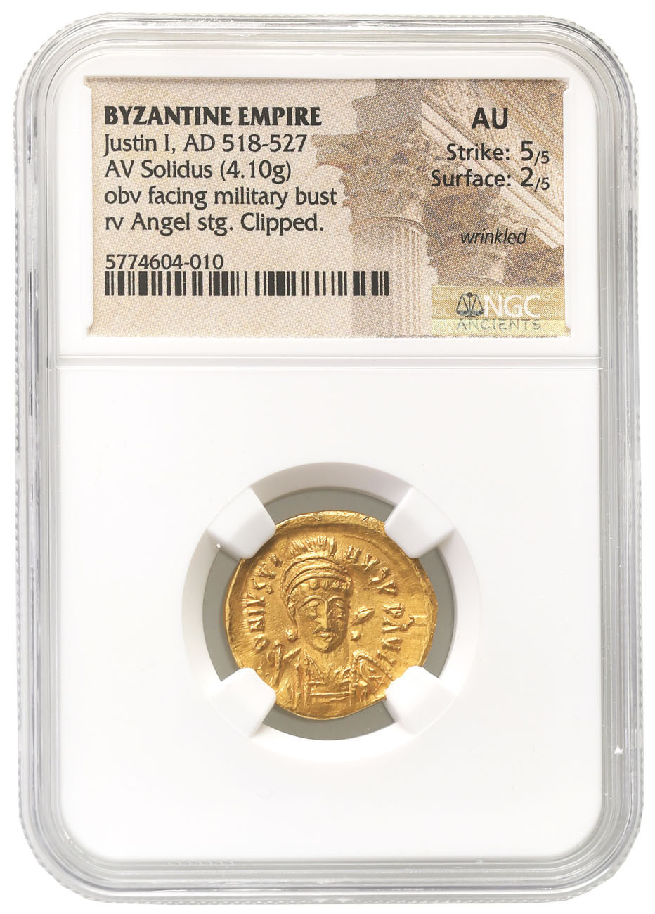 Bizancjum. Justin I (518-527). Solidus 518-522, Konstantynopol NGC AU 5/5 2/5